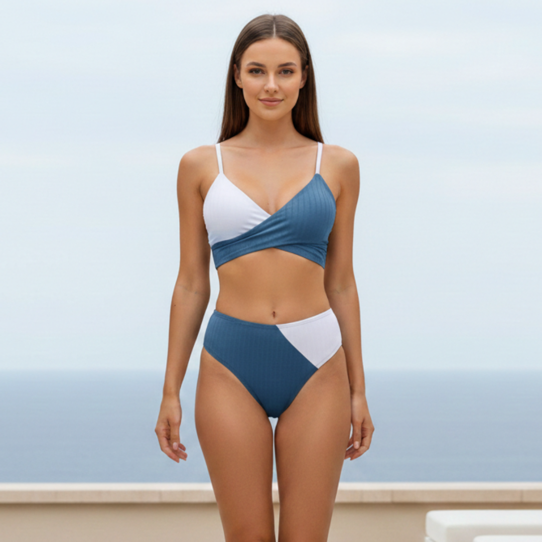 Dámské dvoudílné bikiny s vysokým pasem a barevnými bloky