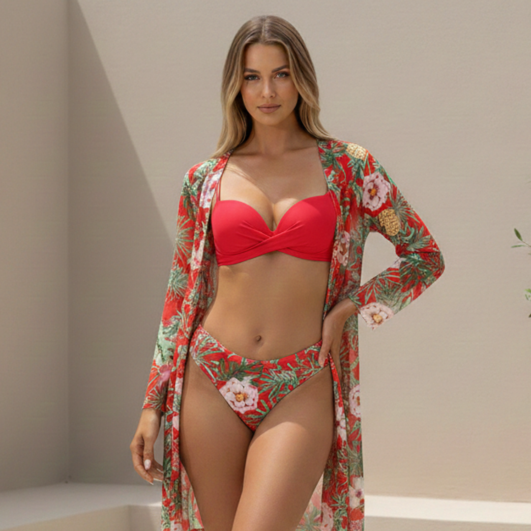 Dámský Plážový Set - Bikiny a Kimono s Květinovým Vzorem